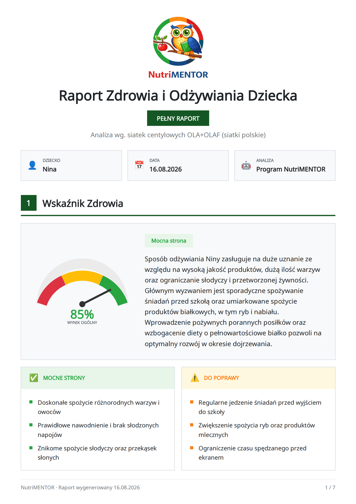Przykładowa strona raportu nawyków żywieniowych
